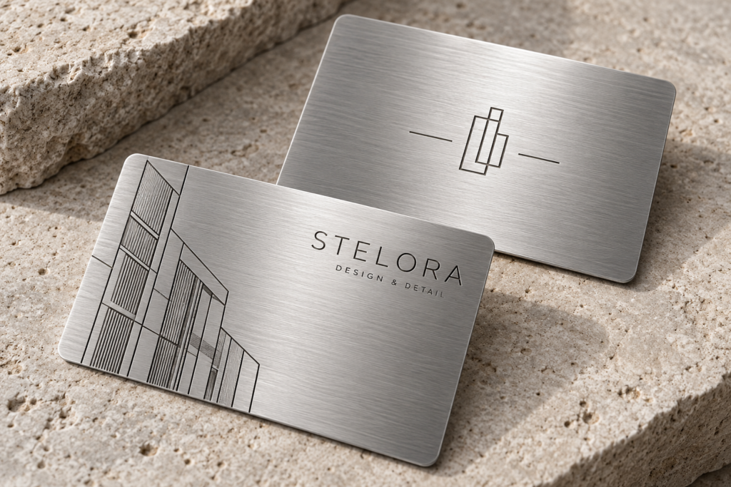 STELORA metalinių vizitinių kortelių dizaino vizualizacija