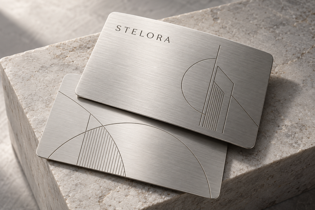 STELORA metalinių vizitinių kortelių dizaino vizualizacija