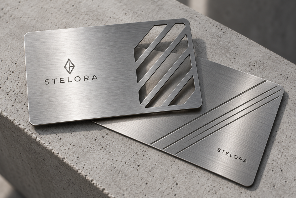 STELORA metalinių vizitinių kortelių dizaino vizualizacija